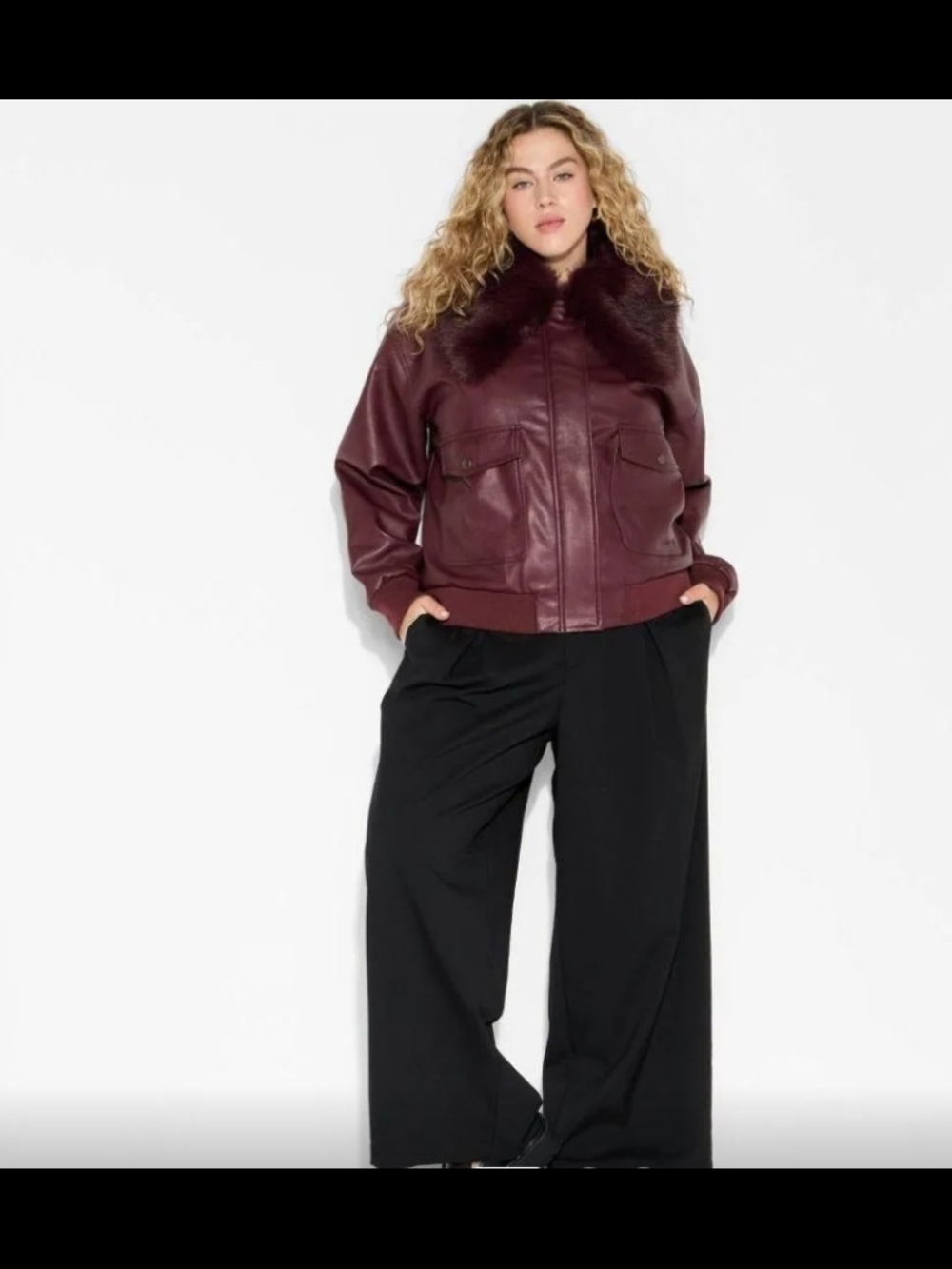 wild fable Burgundy Faux-Leather Bomber Jacket with Faux-Fur Collar 4X